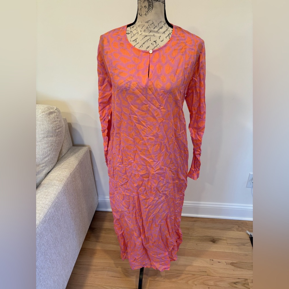 SEE DESIGN long-sleeved midi dress with an orange and pink abstract pattern sz M